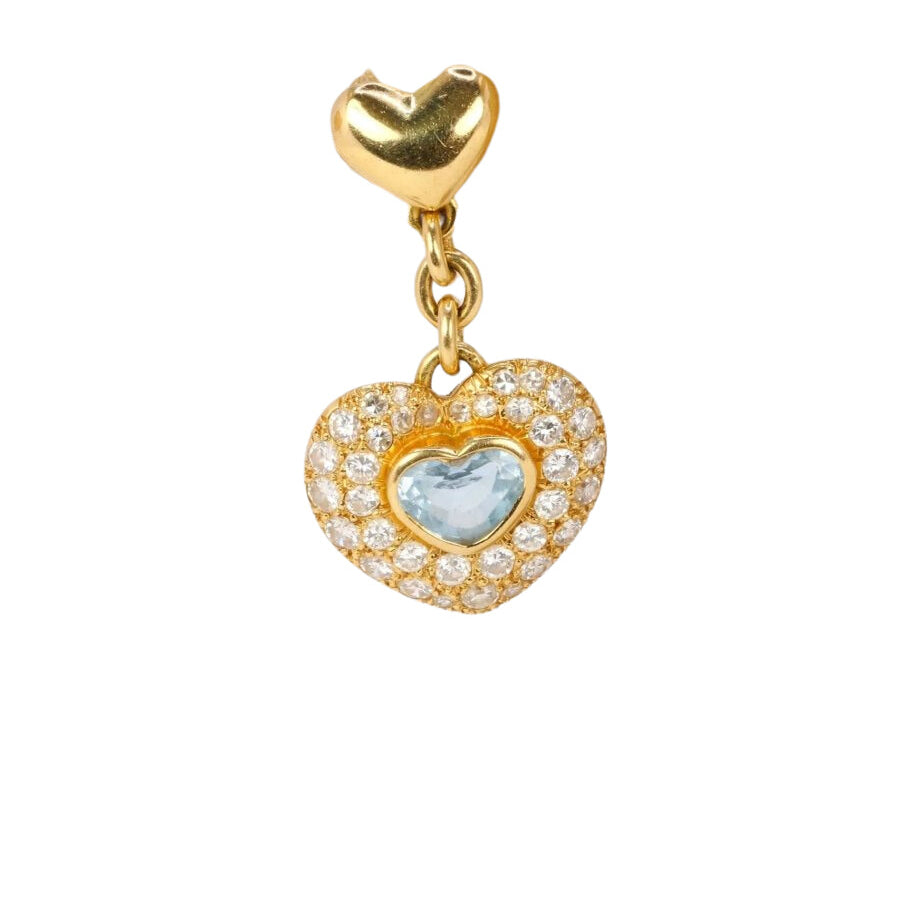 Boucles d'oreilles pendantes coeur en or, diamants et aigue-marine - Castafiore