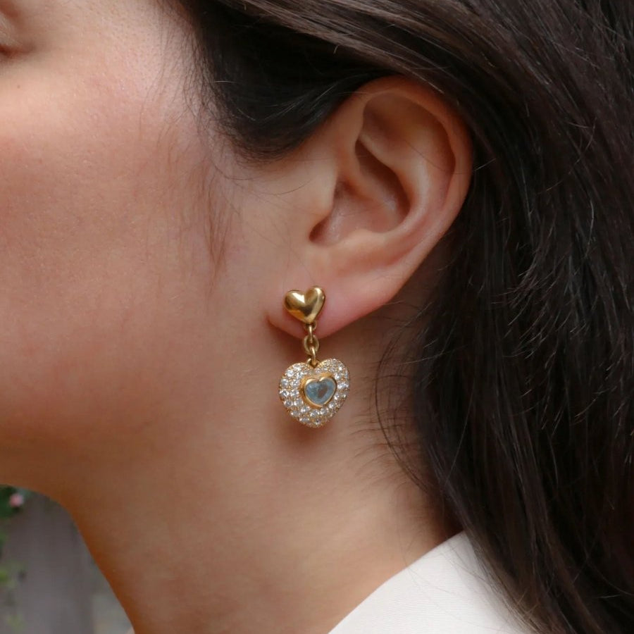 Boucles d'oreilles pendantes coeur en or, diamants et aigue-marine - Castafiore