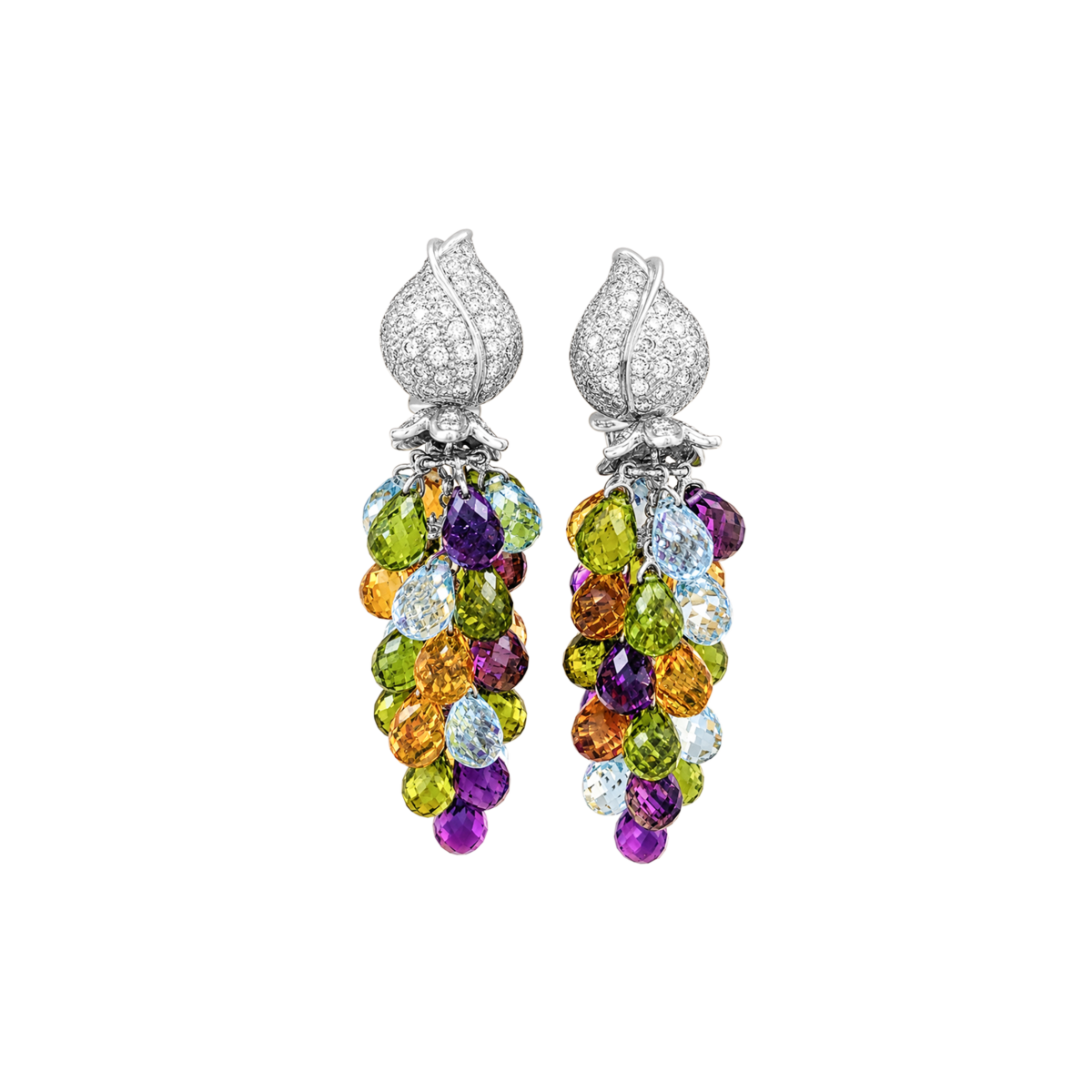 Boucles d'oreilles Pendantes en or blanc, améthystes, citrines, topazes, péridots et diamants - Castafiore