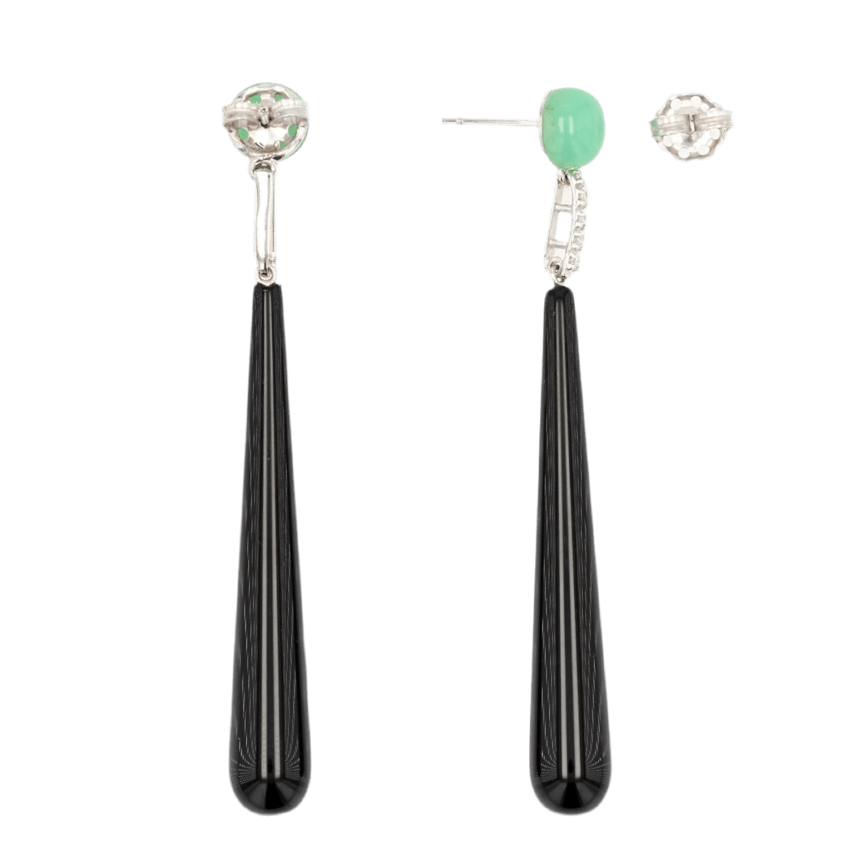 Boucles d'oreilles Pendantes en or blanc, chrysoprase, onyx et diamants - Castafiore