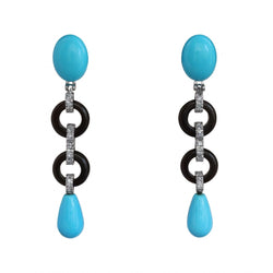 Boucles d'oreilles Pendantes en or blanc, onyx, turquoise et diamants - Castafiore