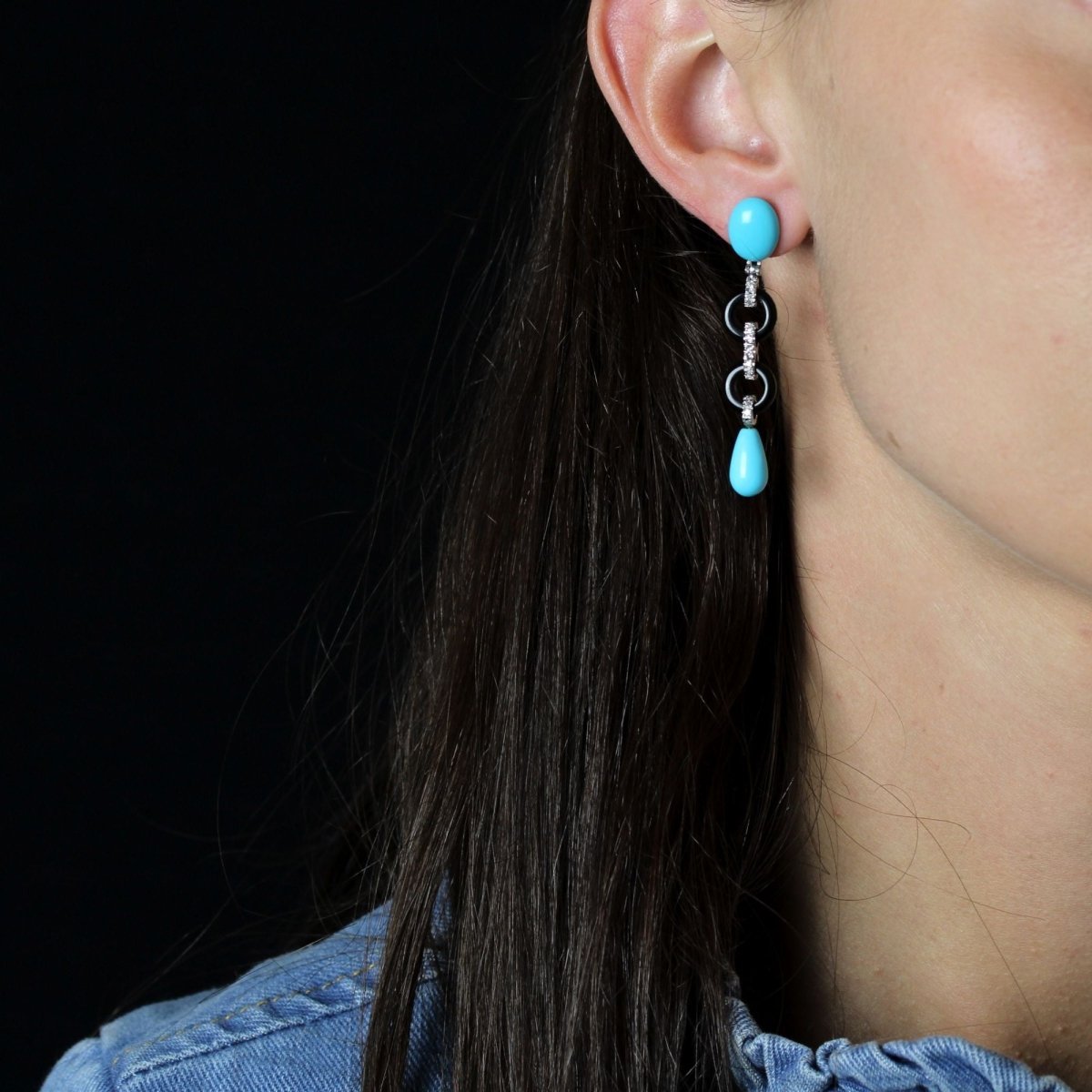 Boucles d'oreilles Pendantes en or blanc, onyx, turquoise et diamants - Castafiore