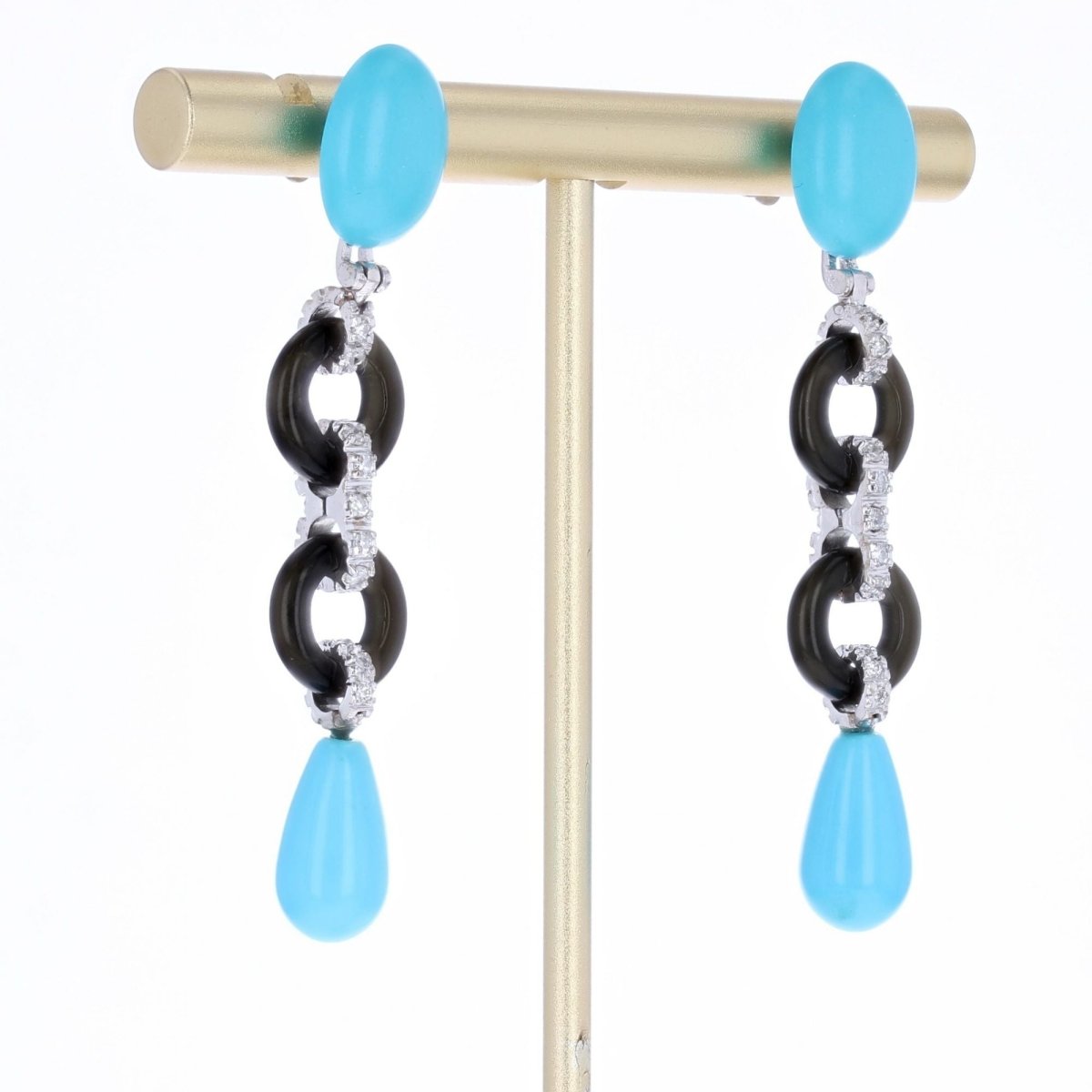 Boucles d'oreilles Pendantes en or blanc, onyx, turquoise et diamants - Castafiore