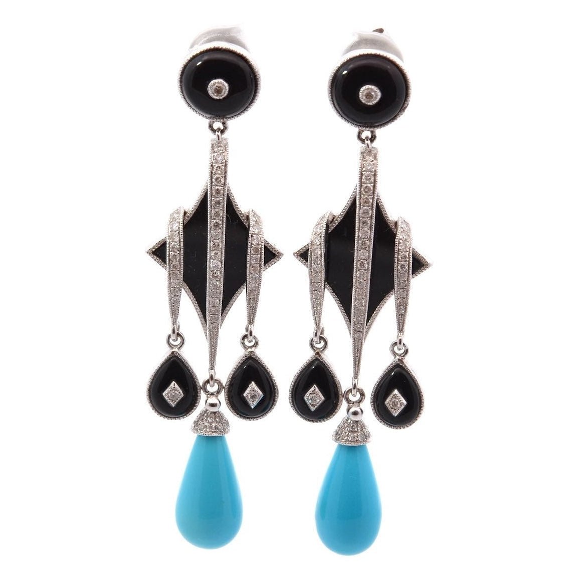 Boucles d'oreilles Pendantes en or blanc, onyx, turquoises et diamants - Castafiore
