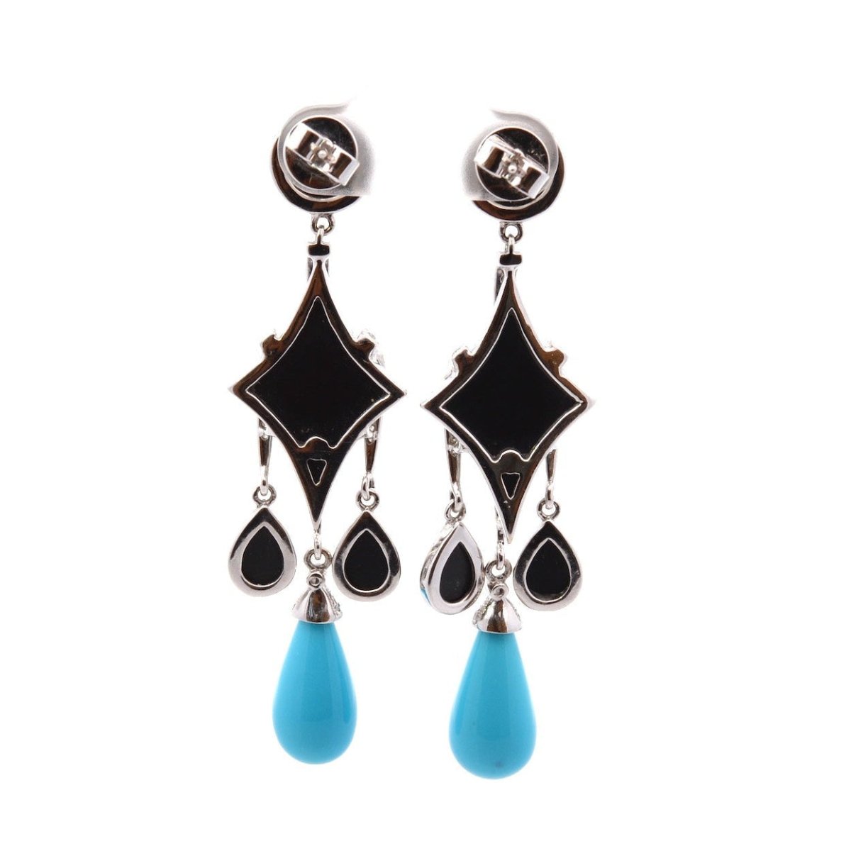 Boucles d'oreilles Pendantes en or blanc, onyx, turquoises et diamants - Castafiore