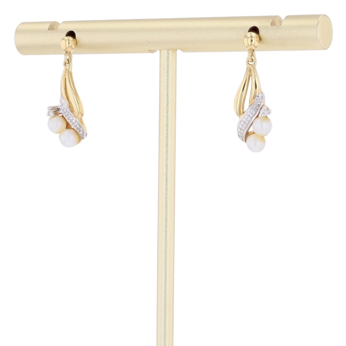 Modern two gold earrings diamonds cultured pearls