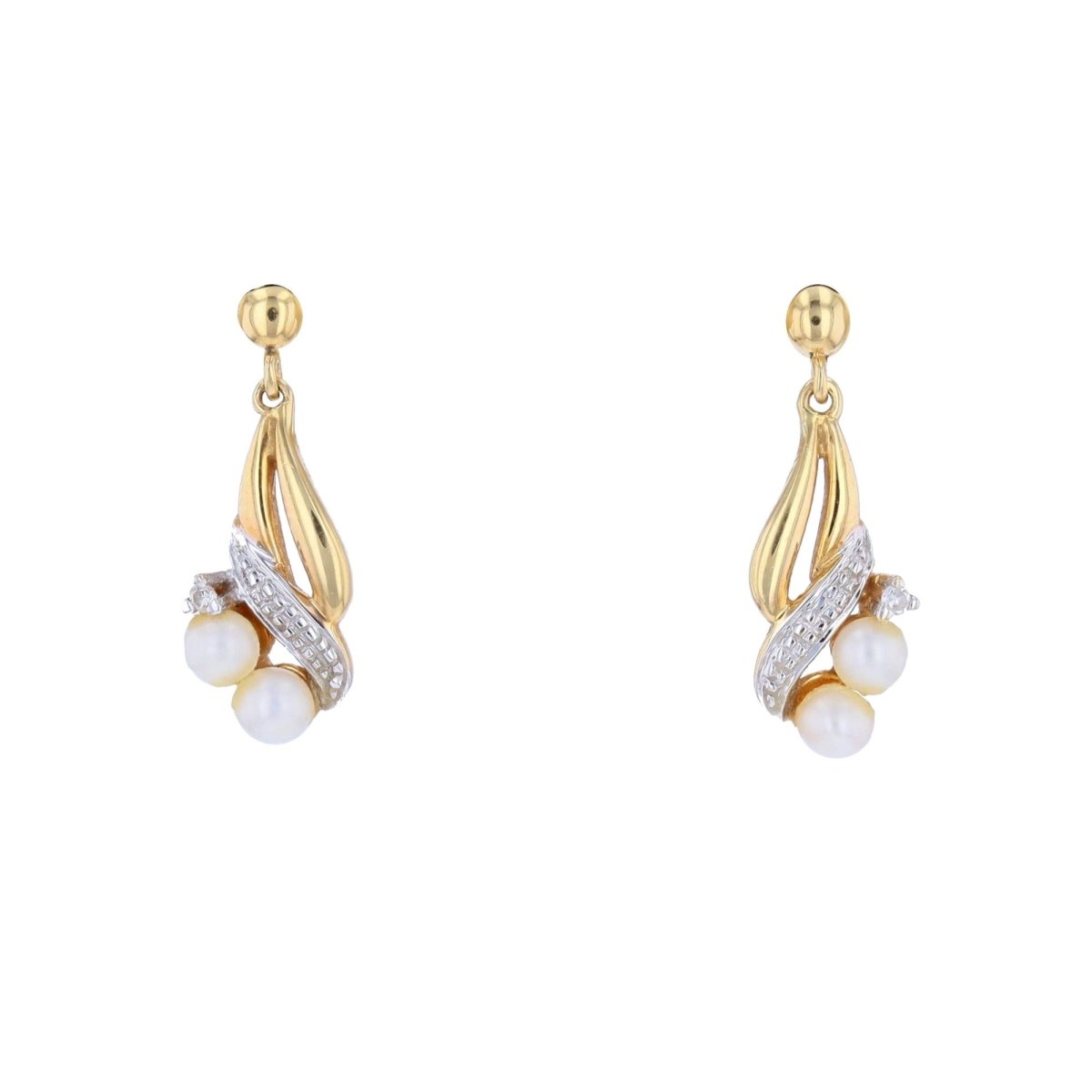 Modern two gold earrings diamonds cultured pearls