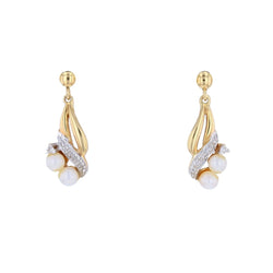 Modern two gold earrings diamonds cultured pearls