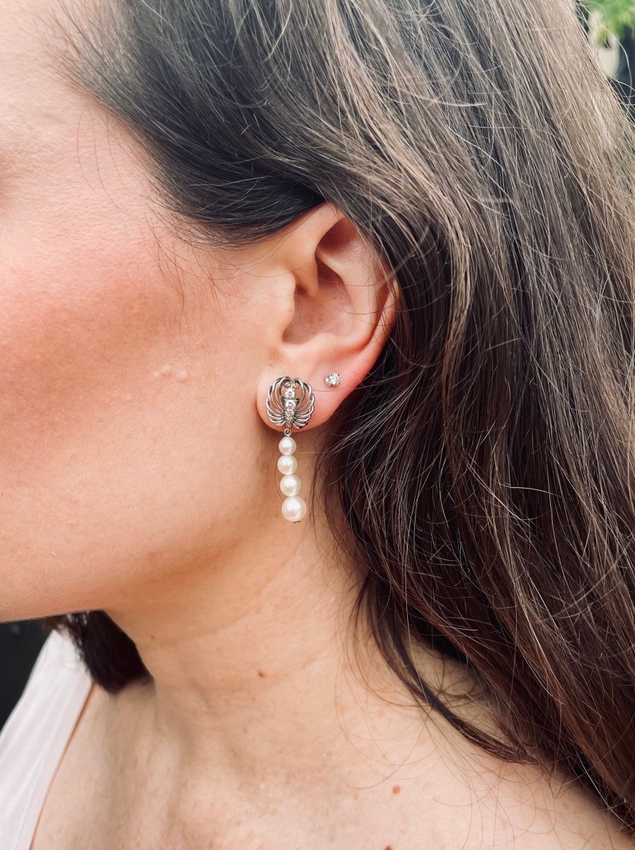 Boucles d'oreilles Pendantes en or blanc perles et diamants - Castafiore