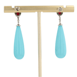 Boucles d'oreilles Pendantes en or blanc, rubis, turquoises et diamants - Castafiore