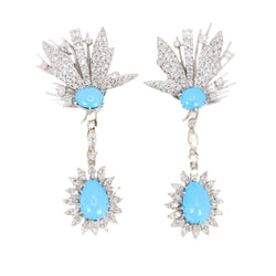 Boucles d'oreilles pendantes en or blanc, turquoises et diamants - Castafiore