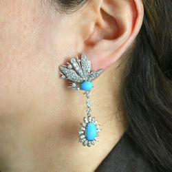 Boucles d'oreilles pendantes en or blanc, turquoises et diamants - Castafiore