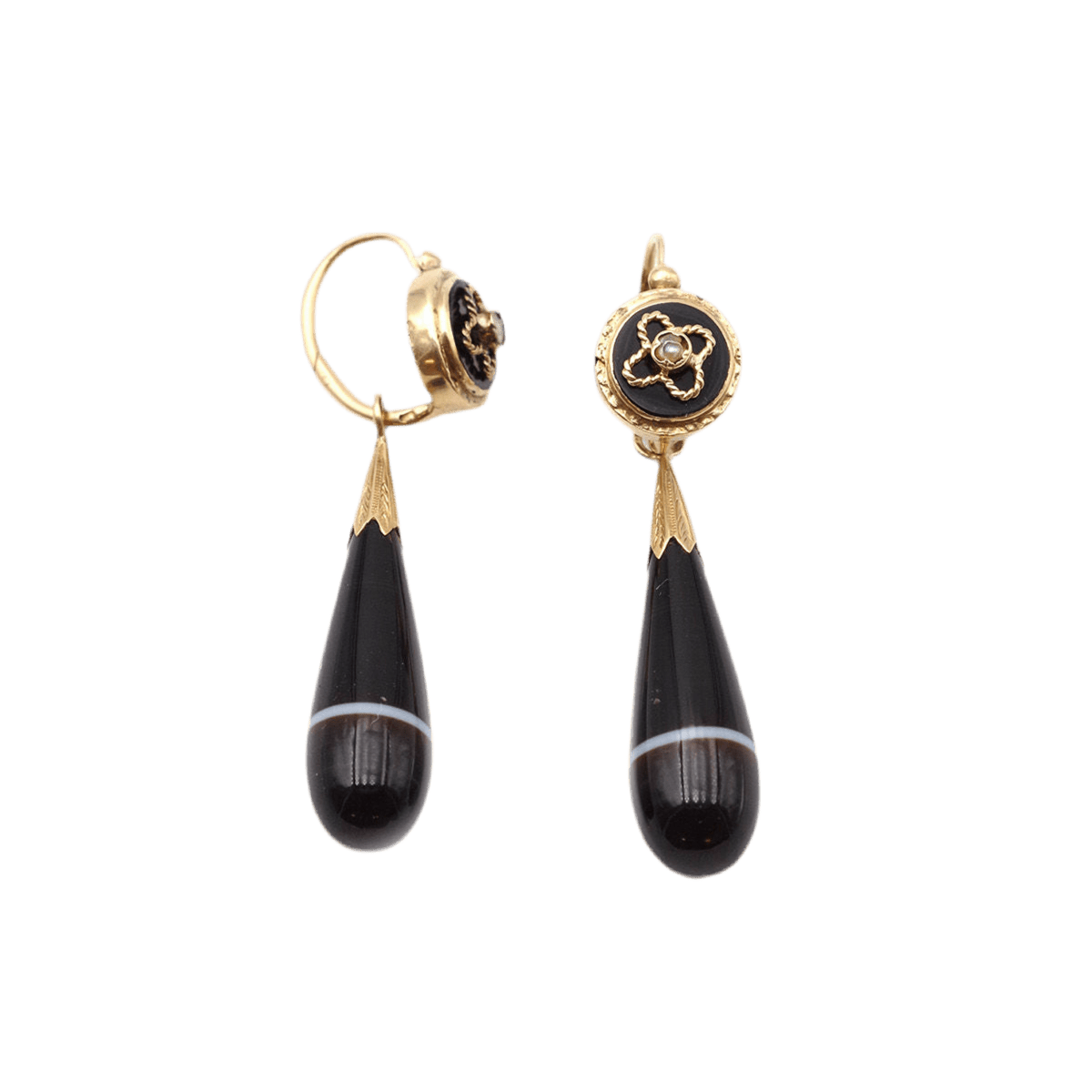 Boucles d'oreilles Pendantes en or jaune, agate, onyx et perle - Castafiore