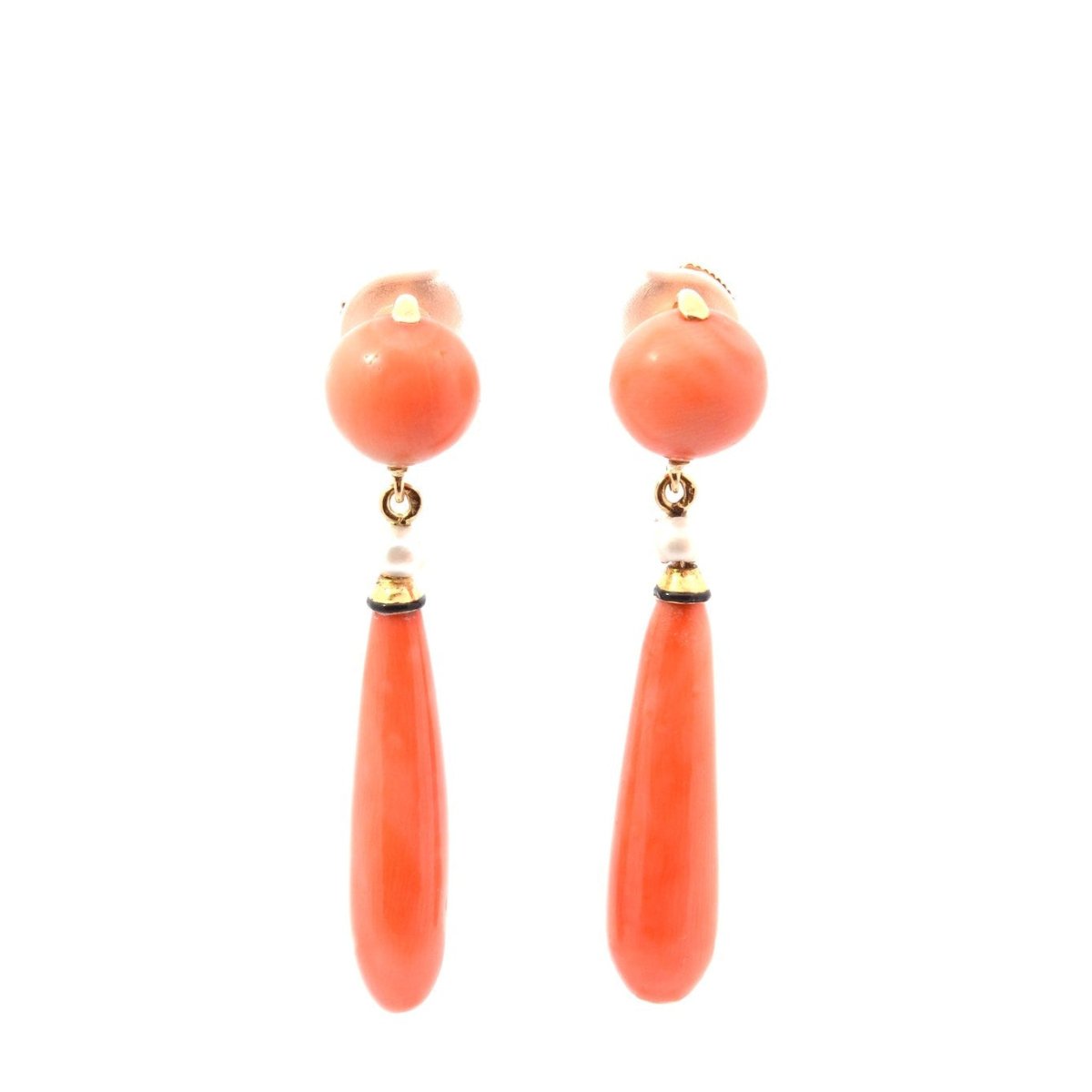 Boucles d'oreilles Pendantes en or jaune, corail et perles - Castafiore