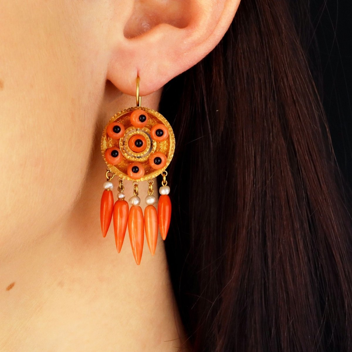 Antique coral onyx pearl earrings