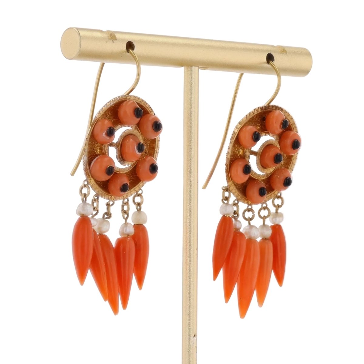 Antique coral onyx pearl earrings