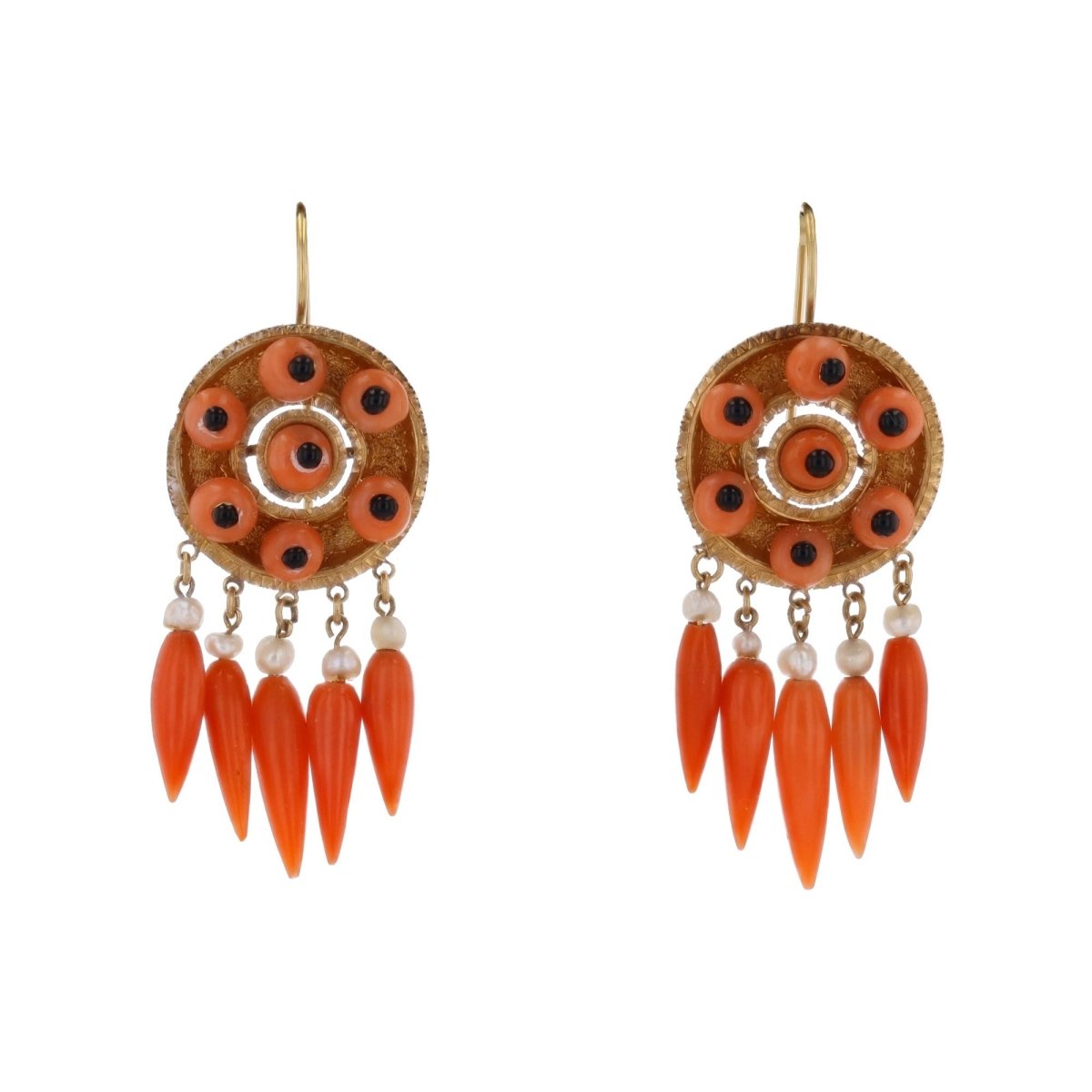 Antique coral onyx pearl earrings