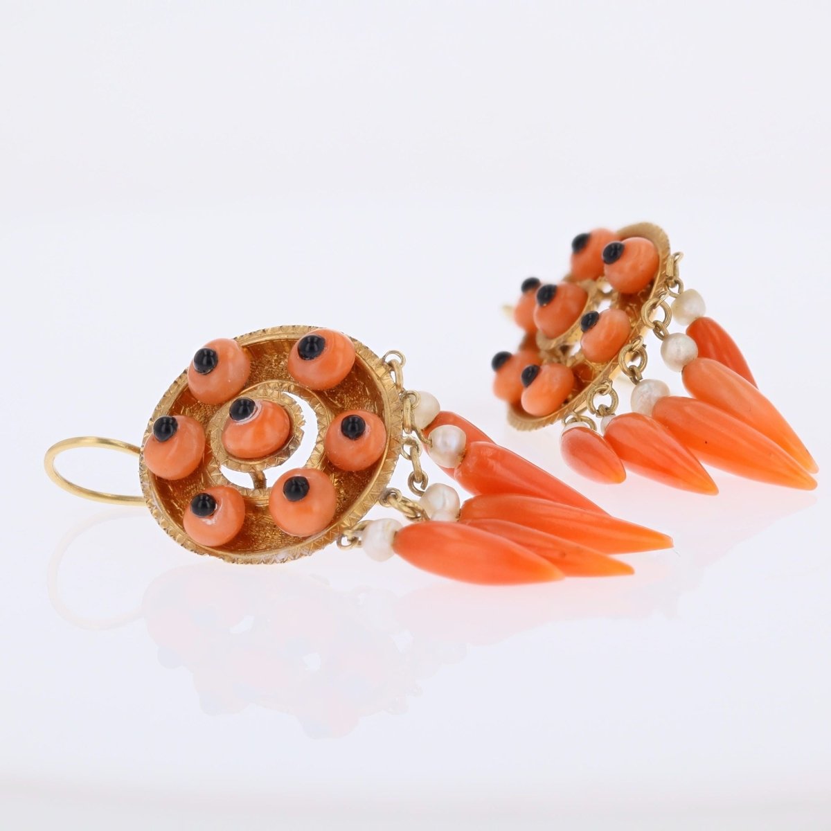 Antique coral onyx pearl earrings