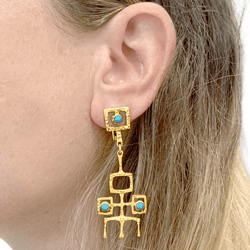 Boucles d'oreilles Pendantes en or jaune et turquoises - Castafiore