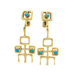 Boucles d'oreilles Pendantes en or jaune et turquoises - Castafiore