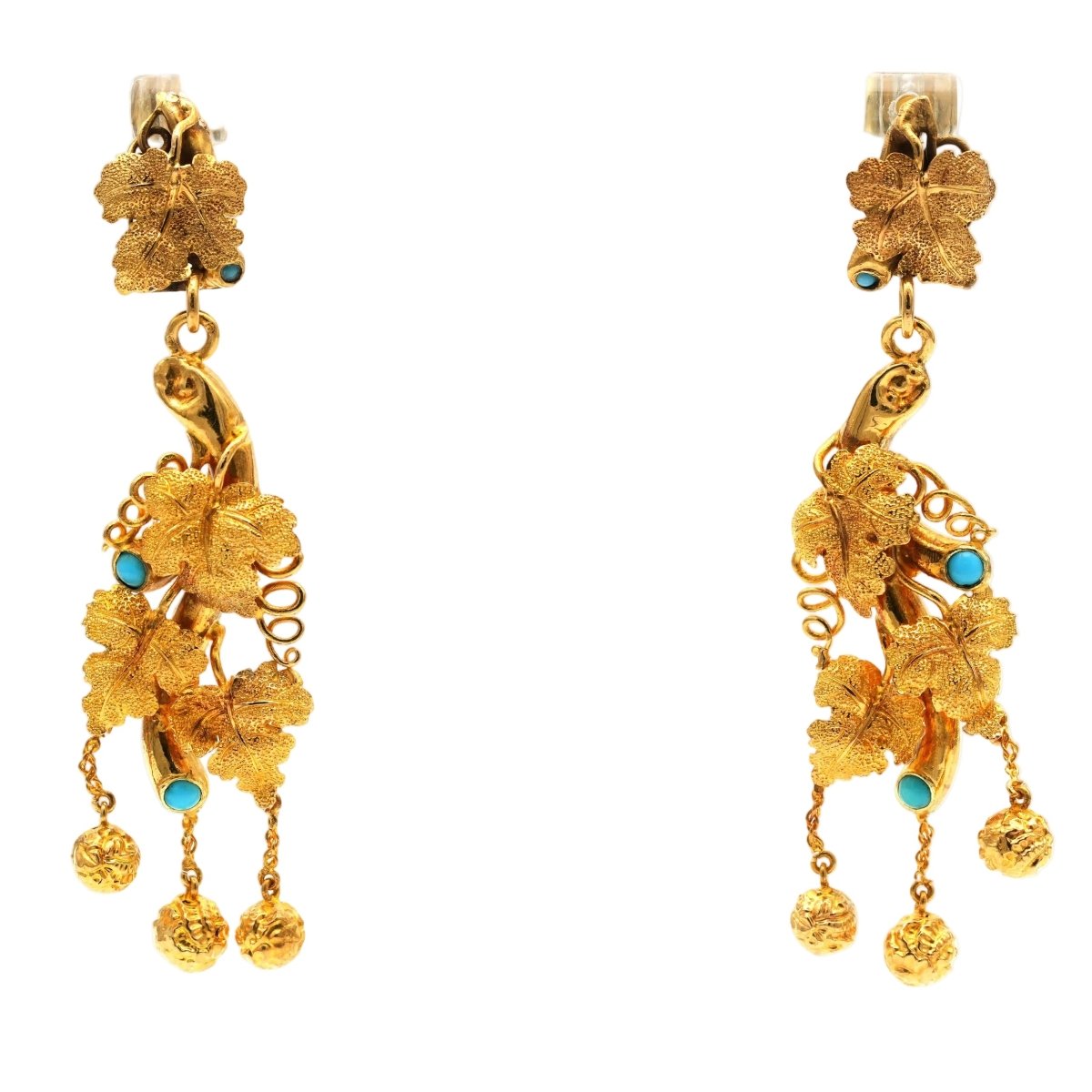 Boucles d'oreilles Pendantes en or jaune et turquoises - Castafiore