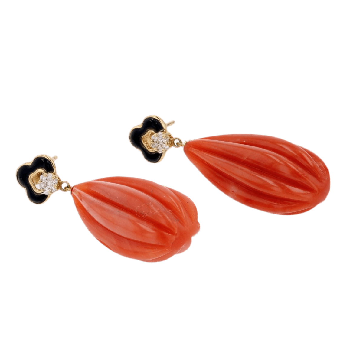 Boucles d'oreilles Pendantes en or jaune, onyx, corail et diamants - Castafiore