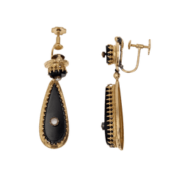 Boucles d'oreilles Pendantes en or jaune, onyx et perles - Castafiore