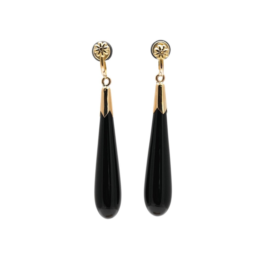 Boucles d'oreilles Pendantes en or jaune, onyx et perles - Castafiore
