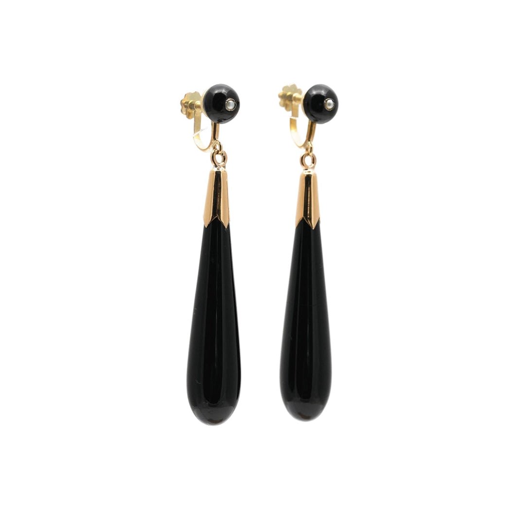Boucles d'oreilles Pendantes en or jaune, onyx et perles - Castafiore