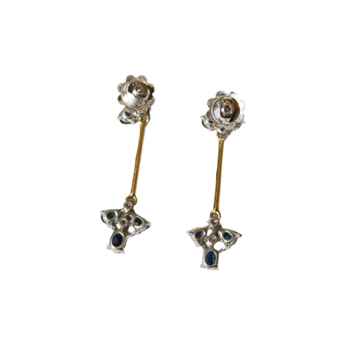 Boucles d'oreilles pendantes en or jaune, or blanc et saphir - Castafiore