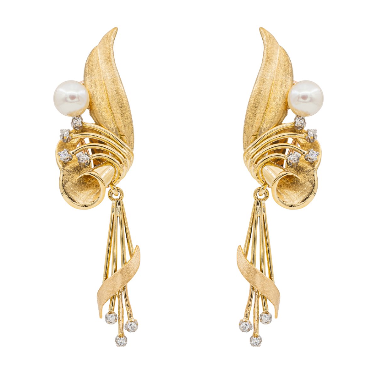 Boucles d'oreilles Pendantes en Or jaune, Perle de culture et Diamant - Castafiore