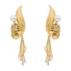 Boucles d'oreilles Pendantes en Or jaune, Perle de culture et Diamant - Castafiore