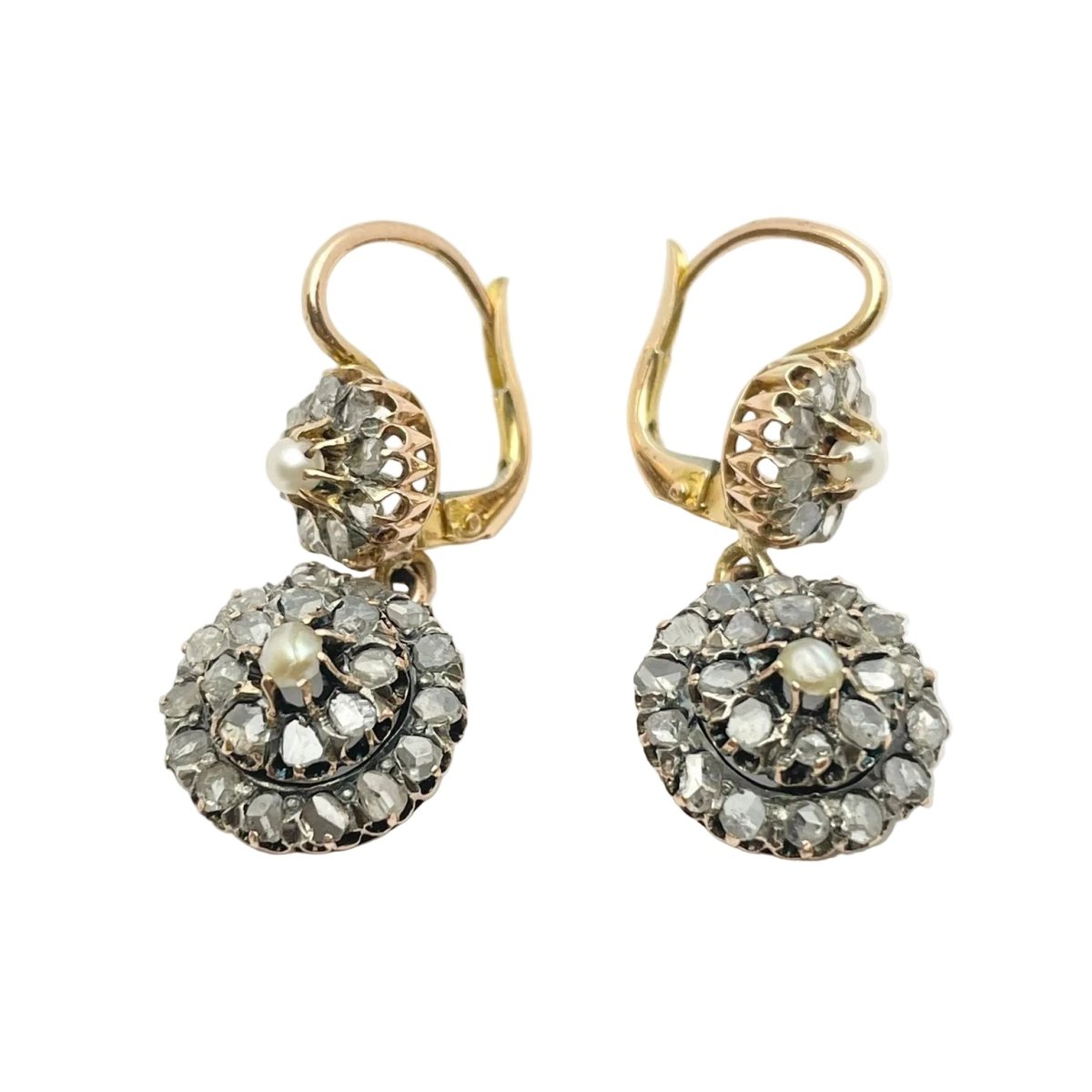 Boucles d'oreilles Pendantes en or jaune, perles et diamants - Castafiore