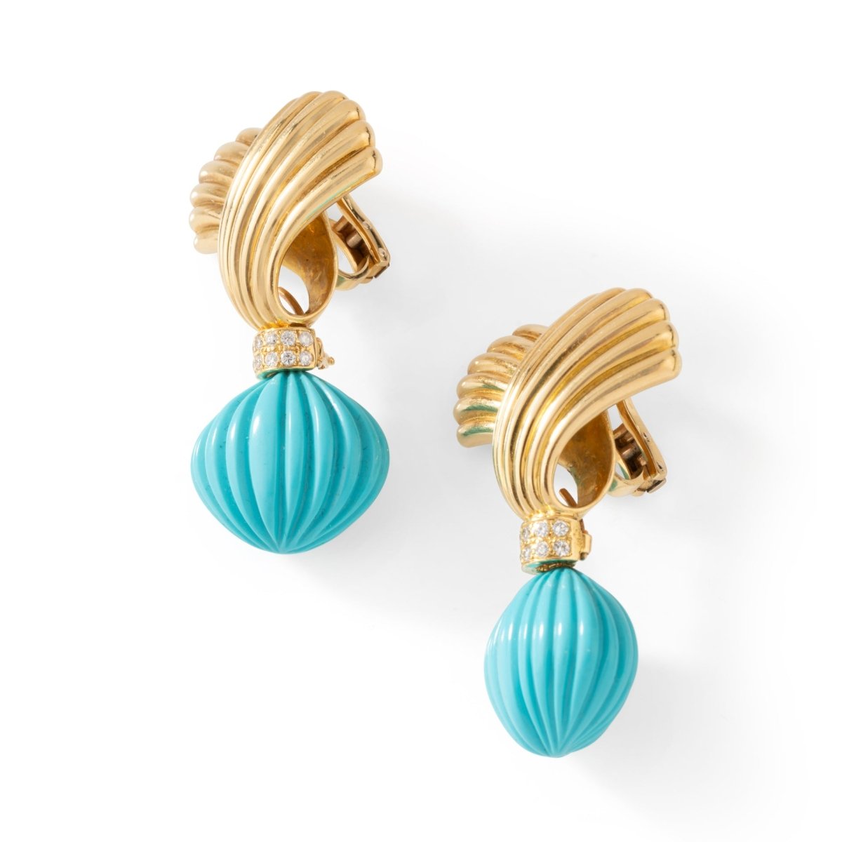 Boucles d'oreilles Pendantes en or jaune, turquoises et diamants - Castafiore