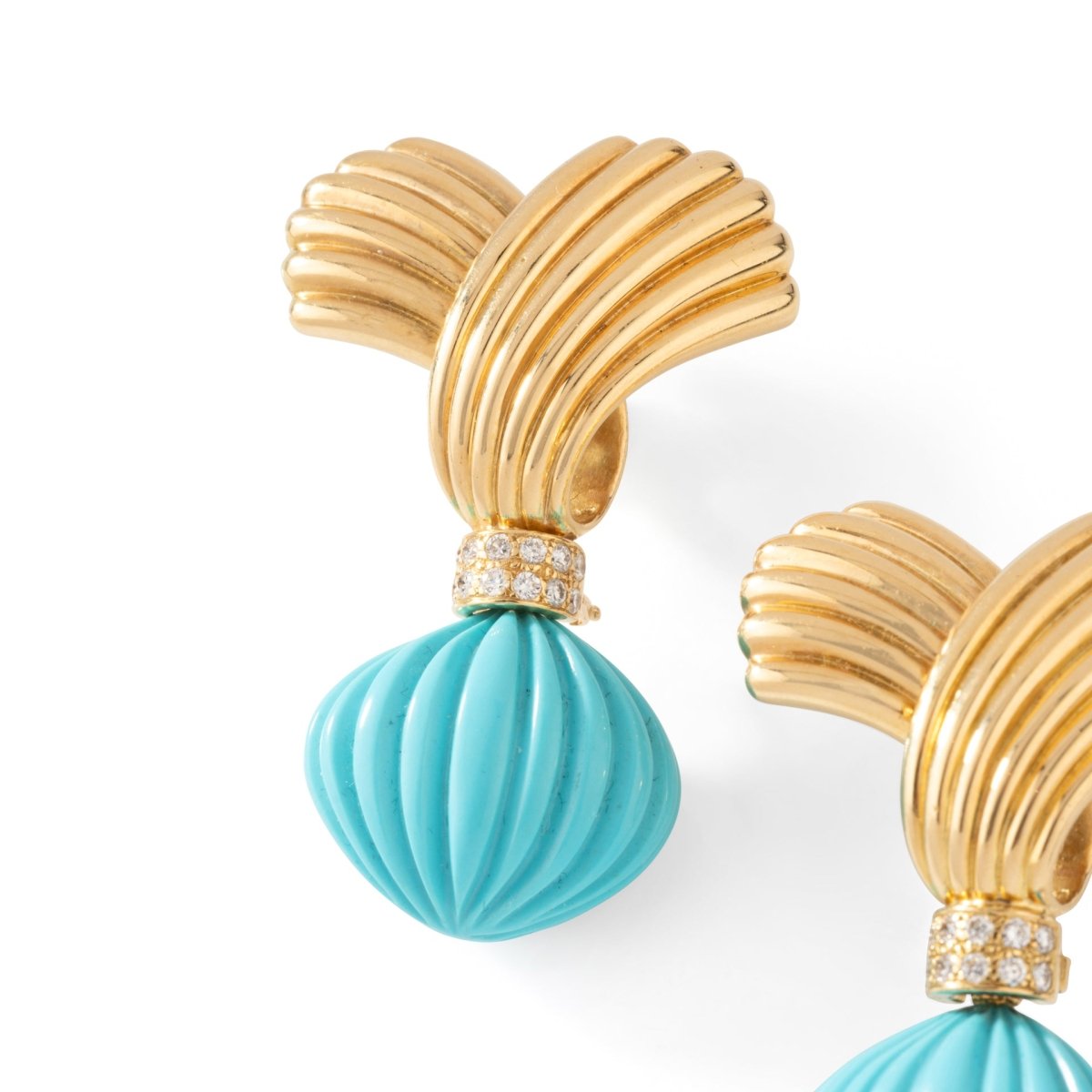 Boucles d'oreilles Pendantes en or jaune, turquoises et diamants - Castafiore