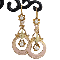 Boucles d'oreilles Pendantes en or rose, or vert et perle - Castafiore