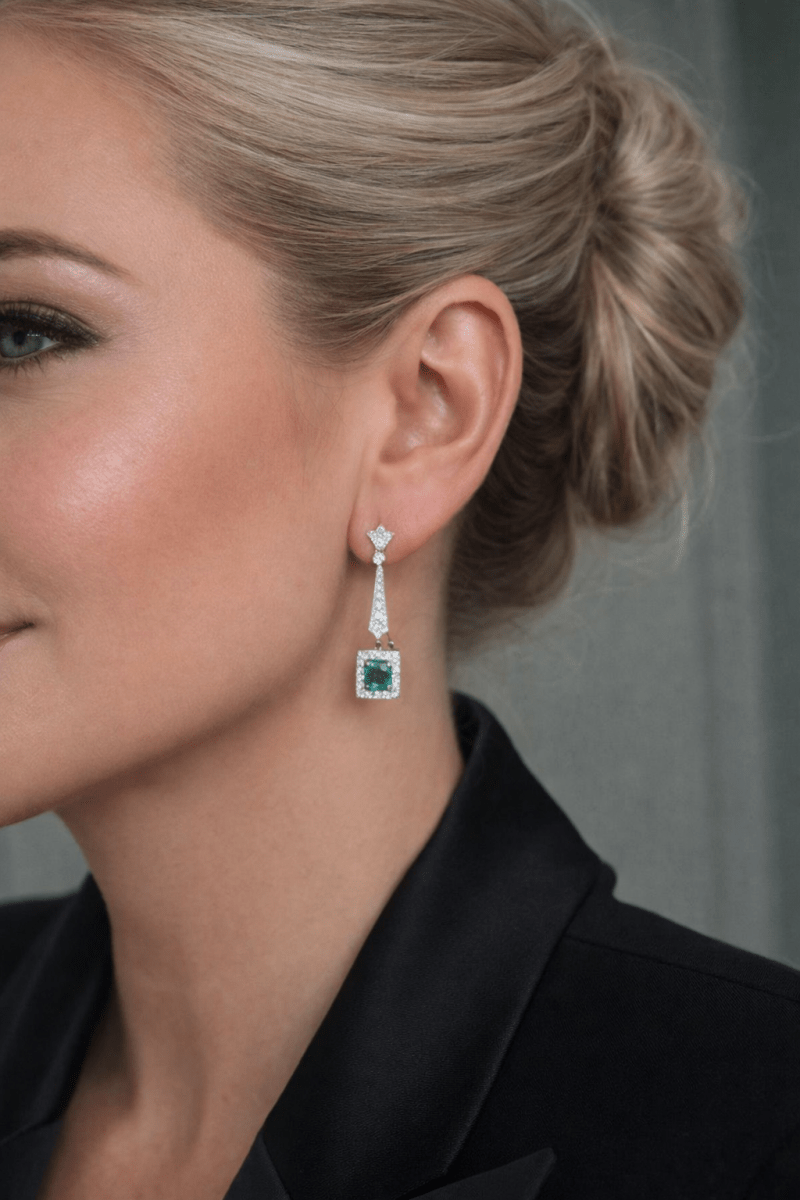 Boucles d'oreilles Pendantes en platine, émeraudes et diamants - Castafiore