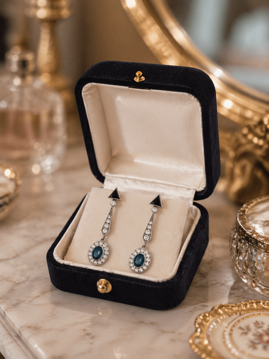Boucles d'oreilles Pendantes en platine, onyx, saphirs et diamants - Castafiore