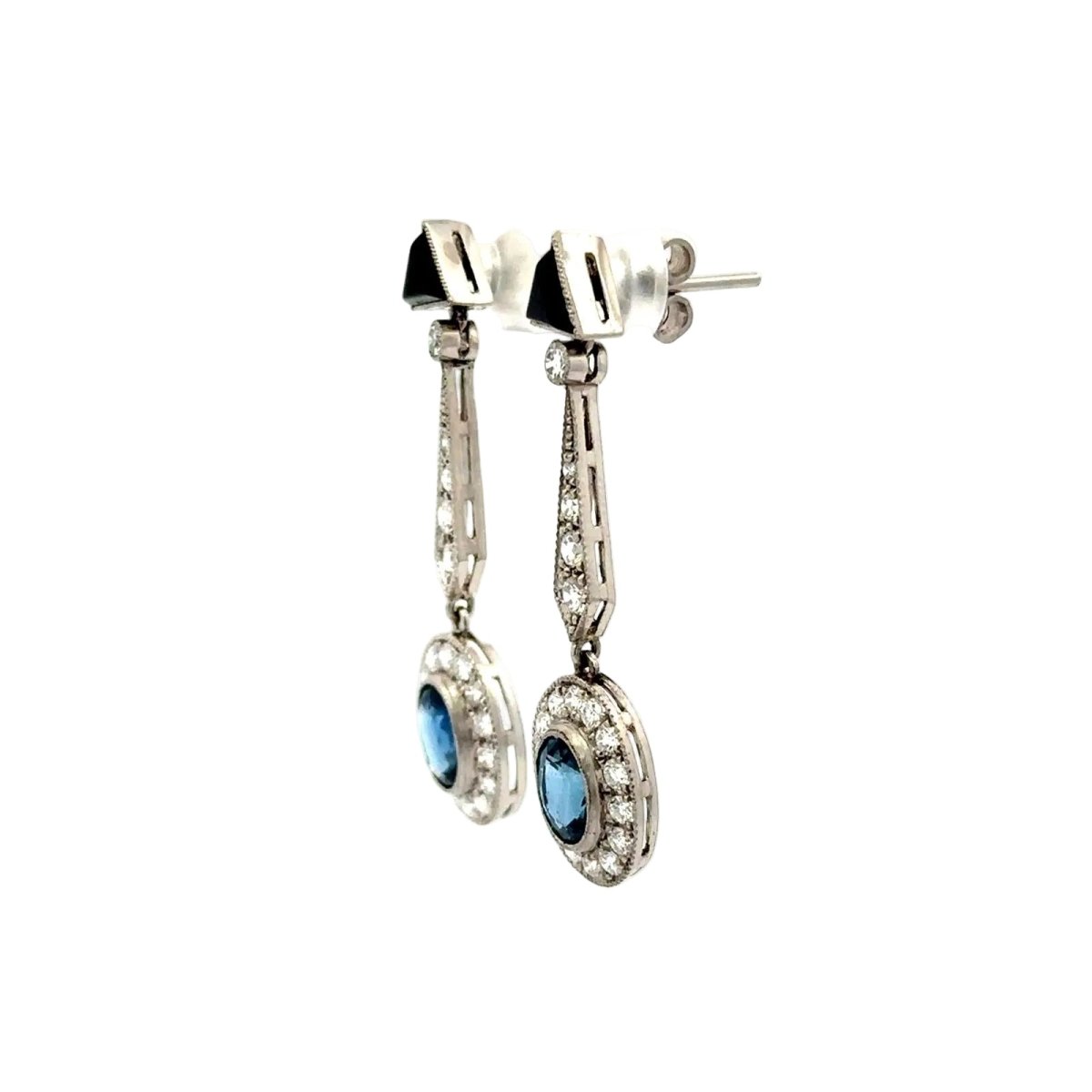 Boucles d'oreilles Pendantes en platine, onyx, saphirs et diamants - Castafiore
