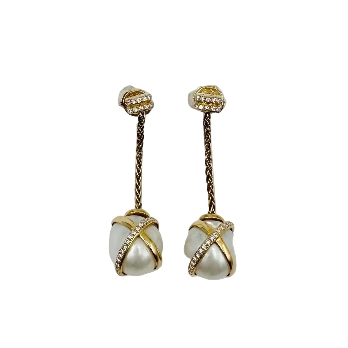 Boucles d'oreilles Pendantes FRED "Baie des Anges" en or jaune, perles et diamants - Castafiore
