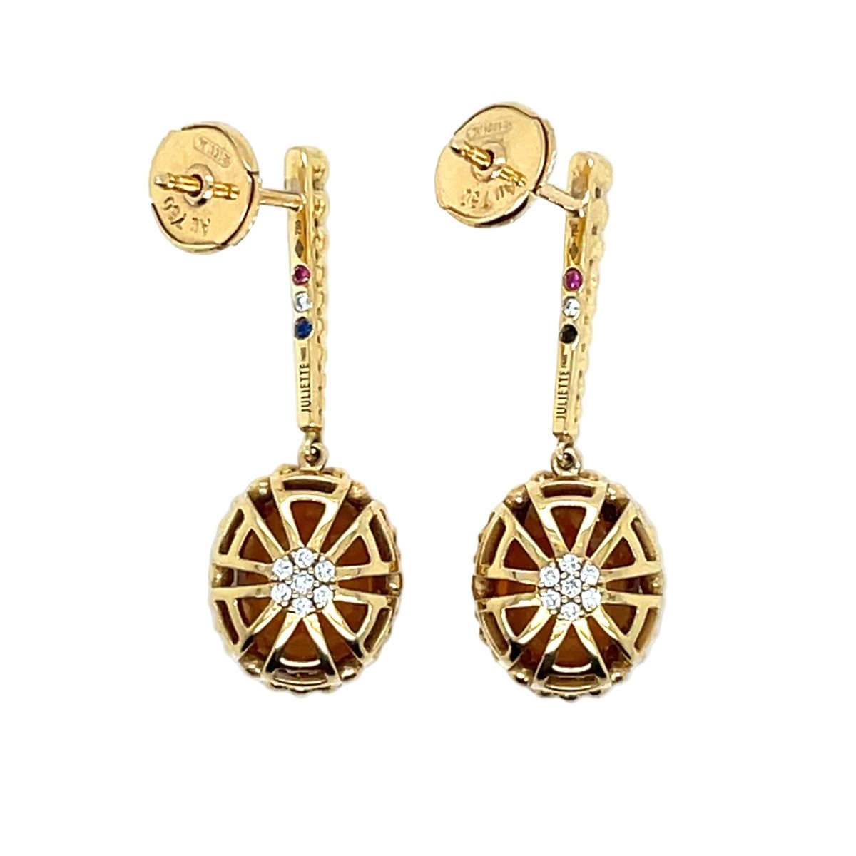 Boucles d'oreilles Pendantes JULIETTE PARIS en or jaune, citrines, saphirs, rubis et diamants - Castafiore