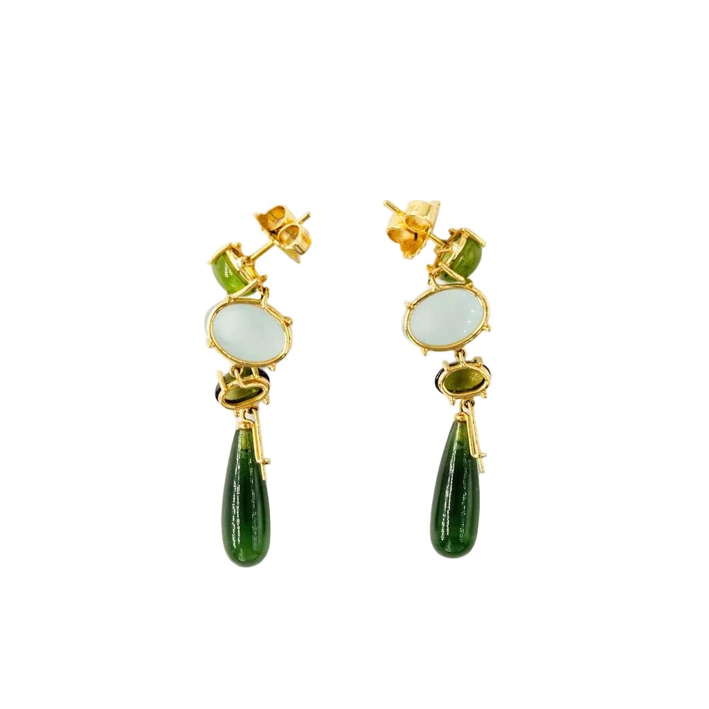 Boucles d'oreilles Pendantes OLE LYNGGAARD "Aqua Lotus" en or jaune aigue-marine, péridots, tourmalines et serpentines - Castafiore