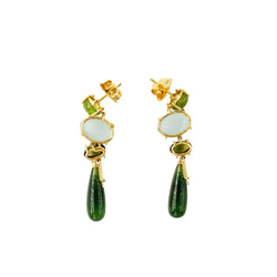Boucles d'oreilles Pendantes OLE LYNGGAARD "Aqua Lotus" en or jaune aigue-marine, péridots, tourmalines et serpentines - Castafiore