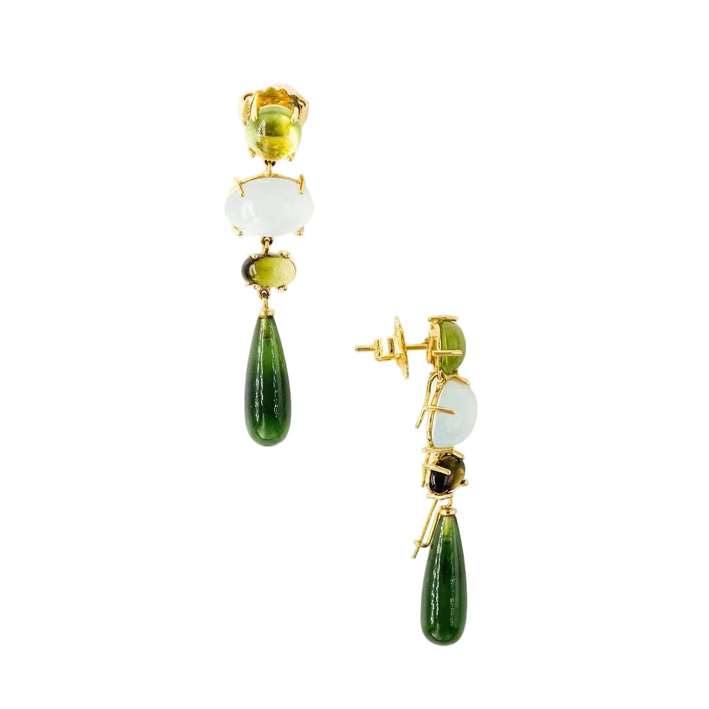 Boucles d'oreilles Pendantes OLE LYNGGAARD "Aqua Lotus" en or jaune aigue-marine, péridots, tourmalines et serpentines - Castafiore