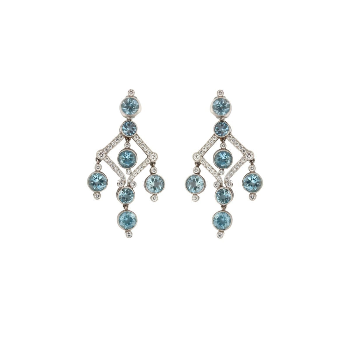 Boucles d'oreilles pendantes TIFFANY en platine, diamants, et topazes - Castafiore