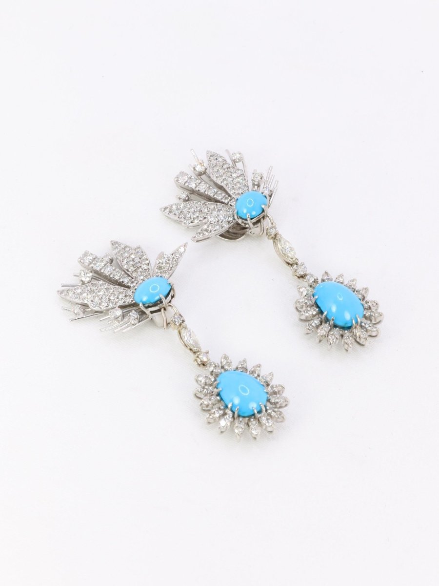 Boucles d'oreilles pendantes turquoises diamants - Castafiore