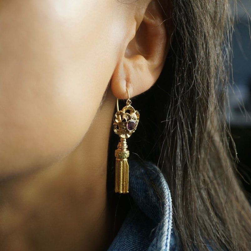 Boucles d'oreilles Pendants or jaune et rose améthyste - Castafiore