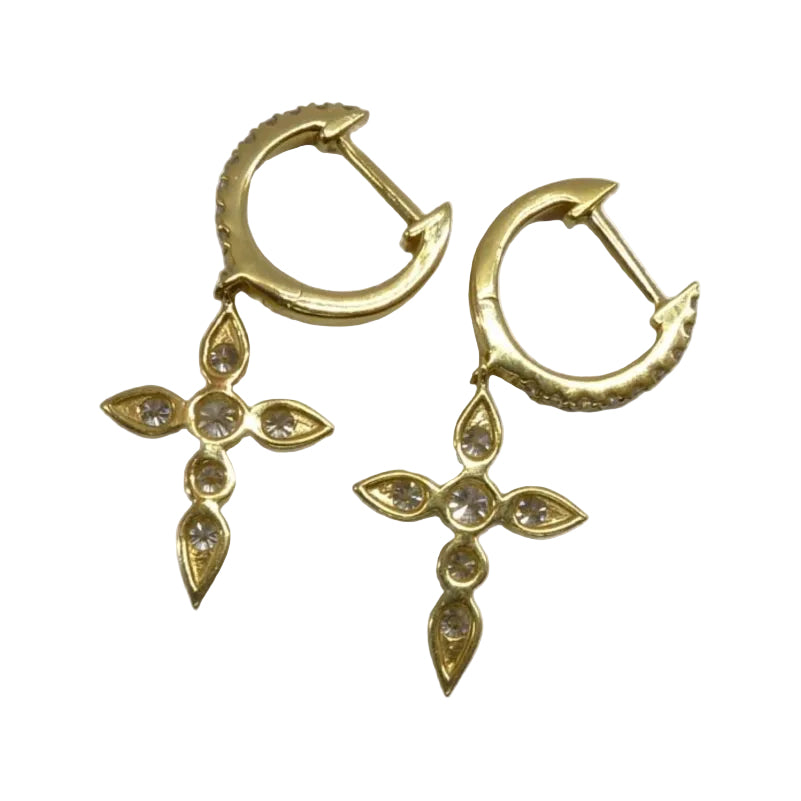 Boucles d'oreilles pendentif croix en or jaune et diamants - Castafiore