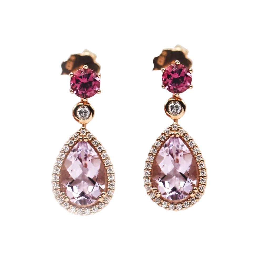 Boucles d'oreilles Pendentifs en or rose, améthystes, rhodolites et diamants - Castafiore