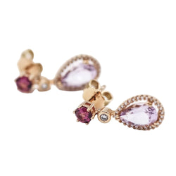 Boucles d'oreilles Pendentifs en or rose, améthystes, rhodolites et diamants - Castafiore
